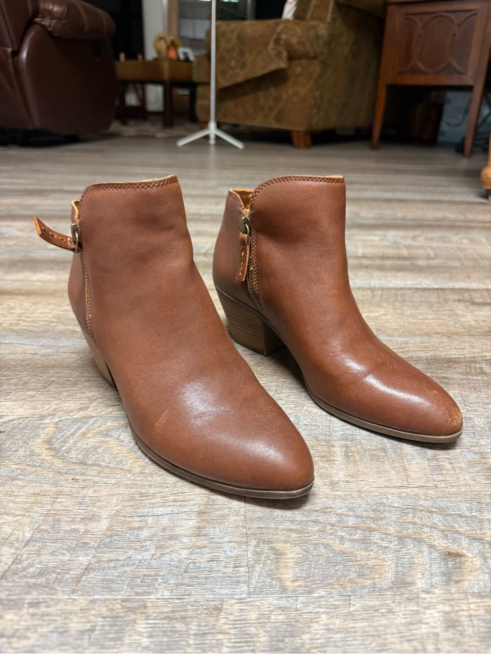 Frye Chestnut Brown Leather Ankle Booties with Side Zip